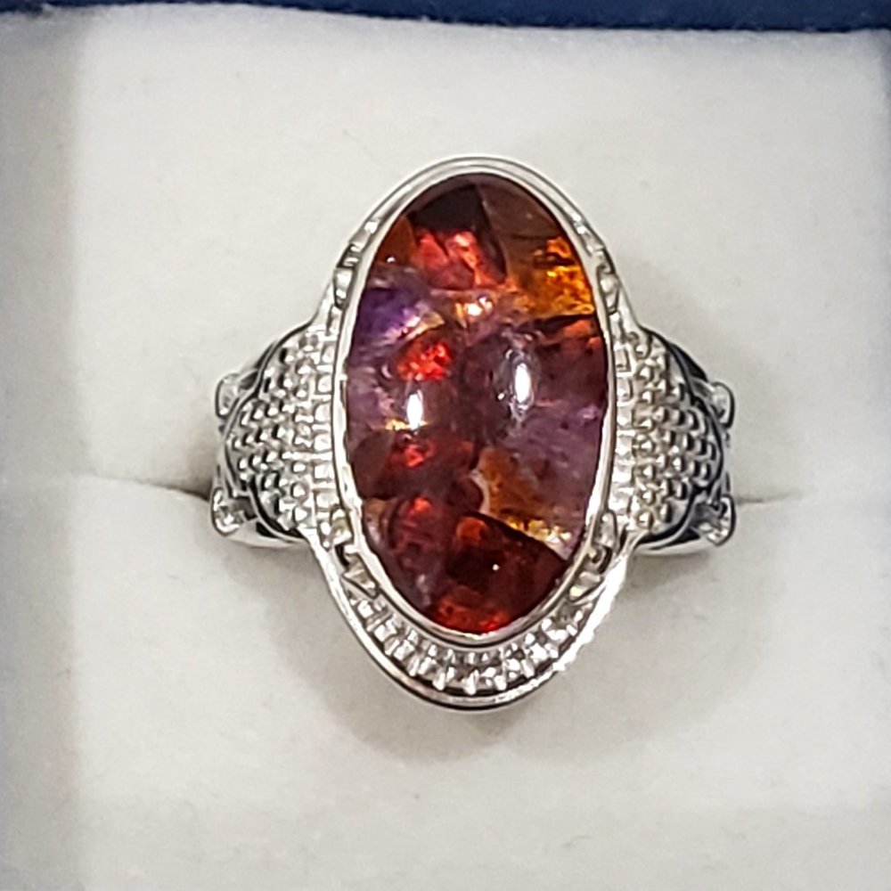 Garnet, Citrine & Amethyst chip ring in Platinum over copper w/magnet 8ct